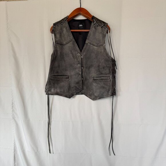 ZARA Vintage Effect Distressed Gray Pebbled Genuine 100% Leather Vest Size Large - Picture 1 of 17